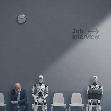 Erkek ve yapay zeka robotları bir şirket ofisinde iş görüşmesi, işe alım ve iş konseptini bekliyorlar.