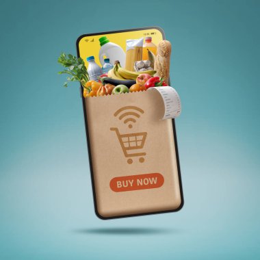 Online grocery shopping app on smartphone: full grocery bag and receipt on the screen clipart