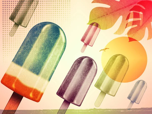 Summer Time Vintage Poster Colorful Popsicles Flying Sky Sea Background — Stock Photo, Image