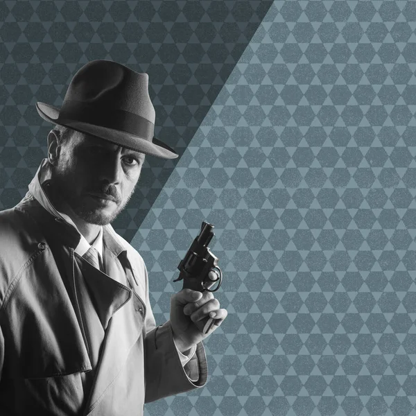 Stilig Detektiv Trenchcoat Håller Pistol Den Mörka Film Noir — Stockfoto