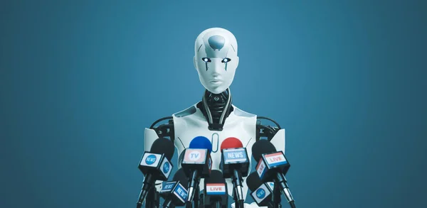 Android Roboter Spricht Auf Der Pressekonferenz Künstliche Intelligenz Robotik Und — Stockfoto