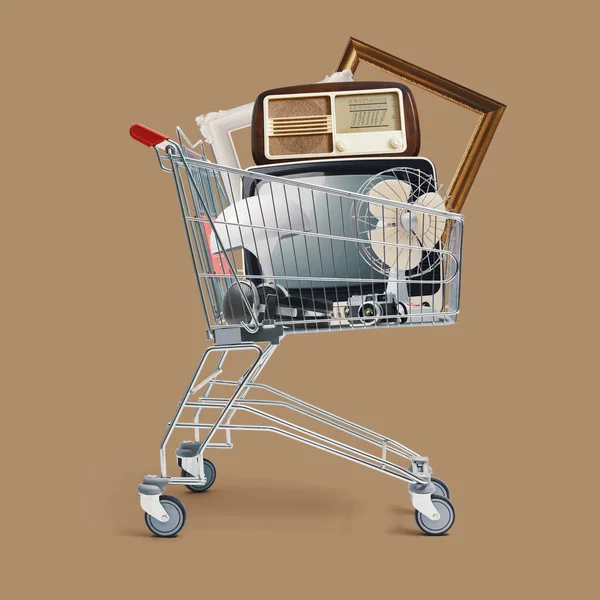 Shopping Cart Full Old Vintage Appliances Decorations Shopping Sale Retail — Stok Foto