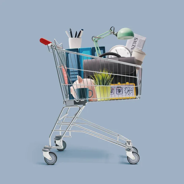 Carrello Pieno Articoli Ufficio Accessori Shopping Vendita Retail Concept — Foto Stock