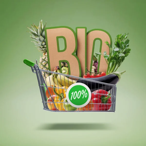 Flying Shopping Cart Full Delicious Fresh Vegetables Fruits Organic Biological — Foto Stock