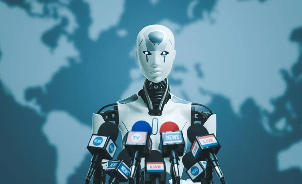 国際記者会見で話すAndroid Aiロボット 人工知能 ロボット工学 政治的概念 — ストック写真