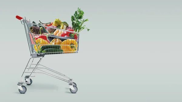 Shopping Cart Full Fresh Vegetables Grocery Shopping Sale Healthy Food — Stock Photo, Image