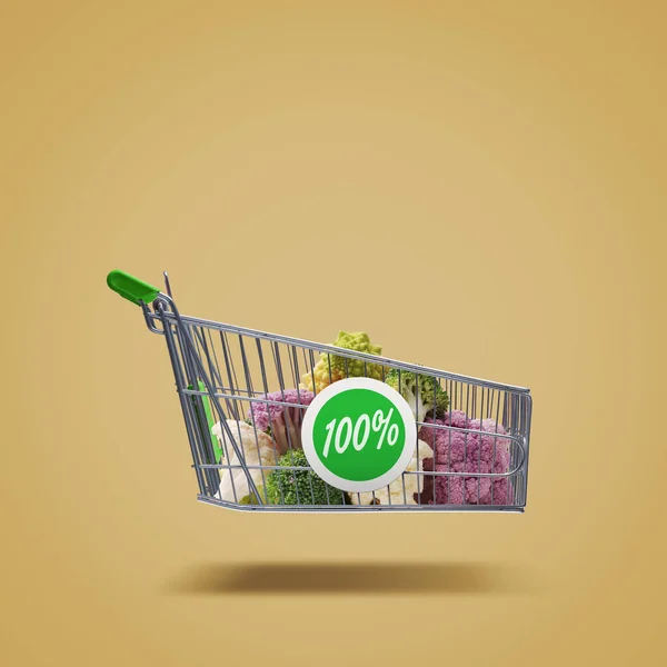 新鮮な野菜 有機野菜や食料品のショッピングコンセプトで飛ぶショッピングカート — ストック写真