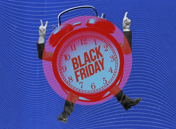 Black Friday Vânzare Reclamă Amuzant Ceas Deșteptător Epocă Personaj — Fotografie, imagine de stoc