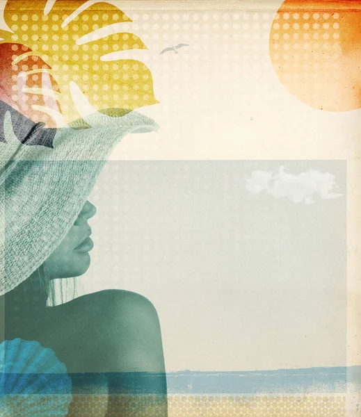 Καλοκαιρινές Διακοπές Στην Παραλία Κολάζ Vintage Αφίσα Όμορφη Νεαρή Γυναίκα — Φωτογραφία Αρχείου