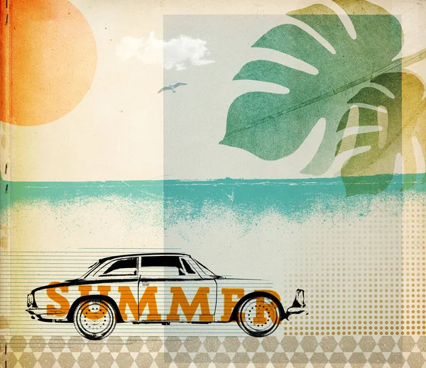 暑假复古风格拼贴古董车和海滩 — 图库照片