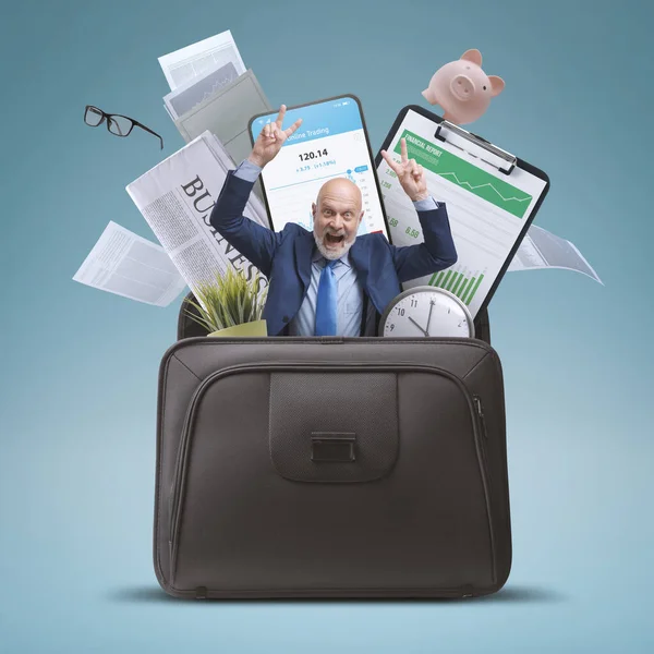 Cheerful Businessman Celebrating Arms Raised Office Items Briefcase Successful Business — Stock Photo, Image
