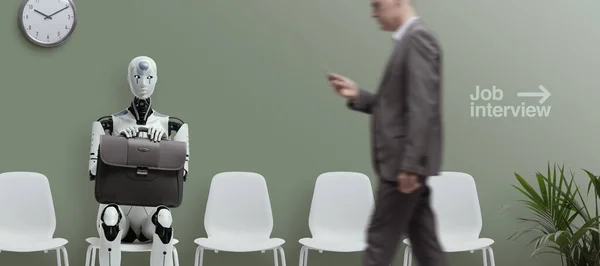 Futuristický Android Robot Sedí Židli Čeká Pracovní Pohovor Inovační Koncept — Stock fotografie