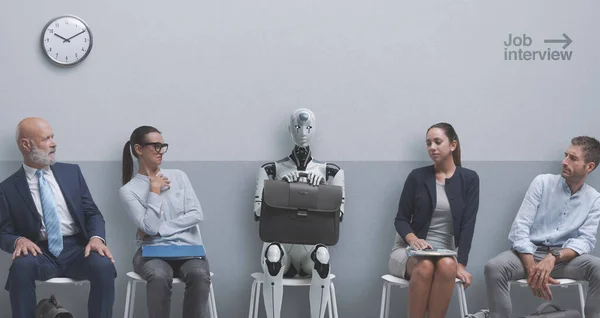 Disappointed job applicants sitting in the waiting room and staring at the AI robot candidate, they are waiting for the job interview