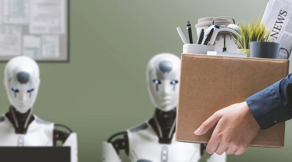 Dismissed Office Worker Holding Box Her Belongings Leaving Office Humanoid — Stock Photo, Image