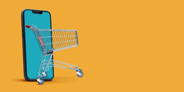 Shopping Cart Coming Out Smartphone Screen Online Shopping App — Stock Photo, Image