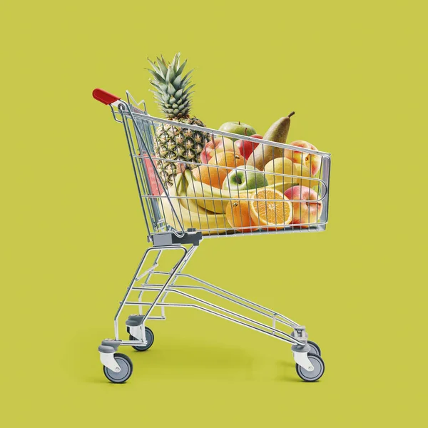 Carrito Compras Lleno Frutas Frescas Compras Comestibles Venta Concepto Comida —  Fotos de Stock