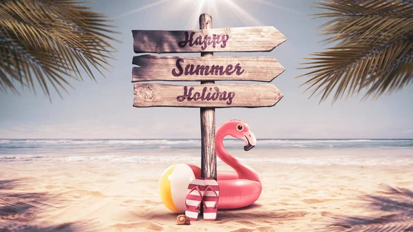 Happy Summer Holiday Wooden Sign Beach Inflatable Toys Palm Trees — Stock Photo, Image