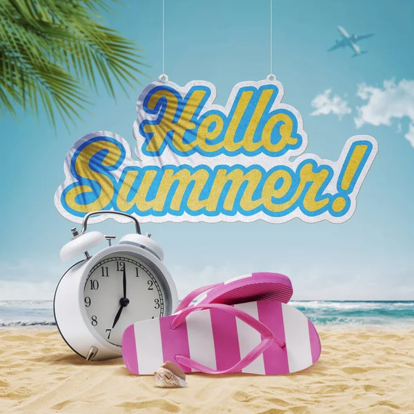Hello Summer Hanging Sign Alarm Clock Flip Flops Beach — Stock Photo, Image