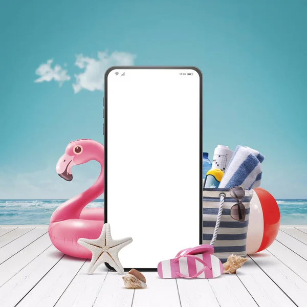 Smartphone Con Schermo Bianco Accessori Spiaggia Sul Ponte Vacanze Estive — Foto Stock