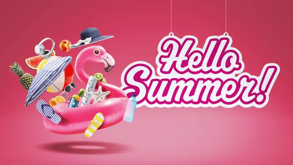 Glad Uppblåsbar Flamingo Och Strandtillbehör Hallå Sommar Skylt Hängande — Stockfoto