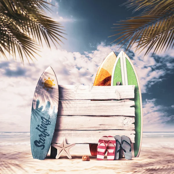 Stary Drewniany Znak Plaży Deski Surfingowe Akcesoria Plażowe Letnie Wakacje — Zdjęcie stockowe
