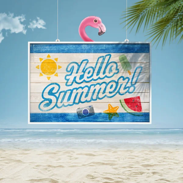 Hello Καλοκαιρινή Ξύλινη Πινακίδα Στην Τροπική Παραλία Καλοκαιρινές Διακοπές Έννοια — Φωτογραφία Αρχείου
