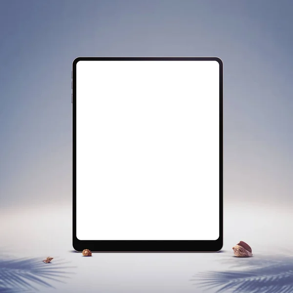 Blank Digital Tablet Sheashells Palm Leaves Shadows Summer Vacations Concept — Stock Photo, Image