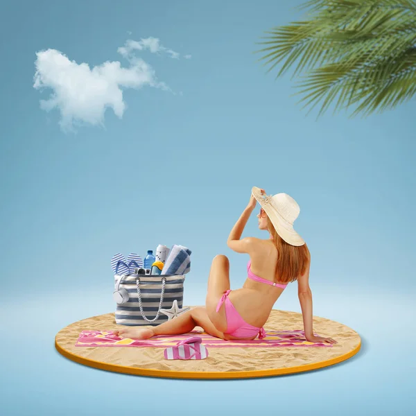 Junge Schöne Frau Bikini Und Strand Liegend Sonnt Sie Sich — Stockfoto