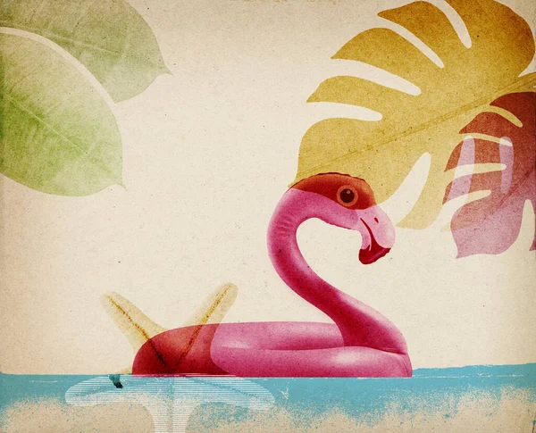 Sommar Semester Collage Rosa Flamingo Uppblåsbara Flytande Havet — Stockfoto
