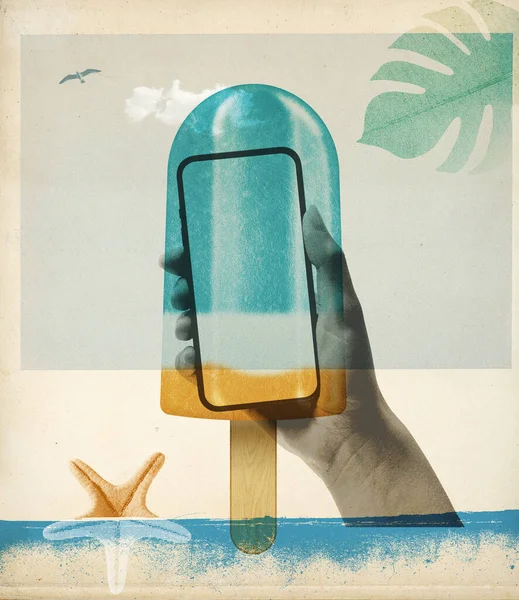 Summer vacations vintage collage poster: hand holding a smartphone and huge popsicle