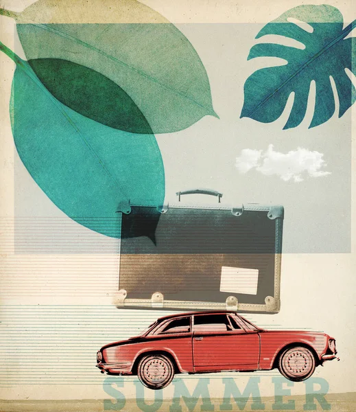 Verão Férias Estilo Retro Colagem Com Carro Vintage Mala — Fotografia de Stock