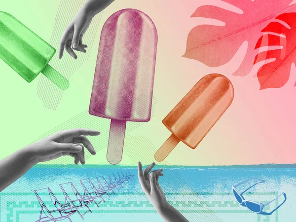 Summer Vacations Beach Vintage Collage Female Hands Colorful Popsicles Seaside — Zdjęcie stockowe