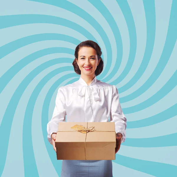 Smiling Vintage Woman Holding Mail Parcel Package Shipping Delivery Concept — Stock Photo, Image