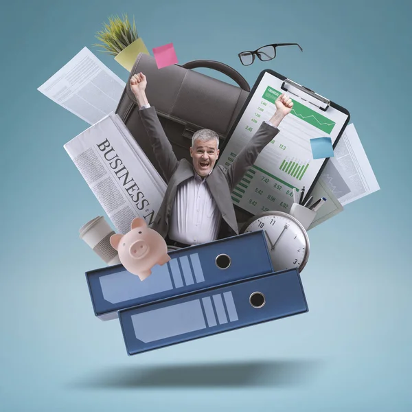 Cheerful Businessman Celebrating Arms Raised Office Equipment Collage Successful Business – stockfoto