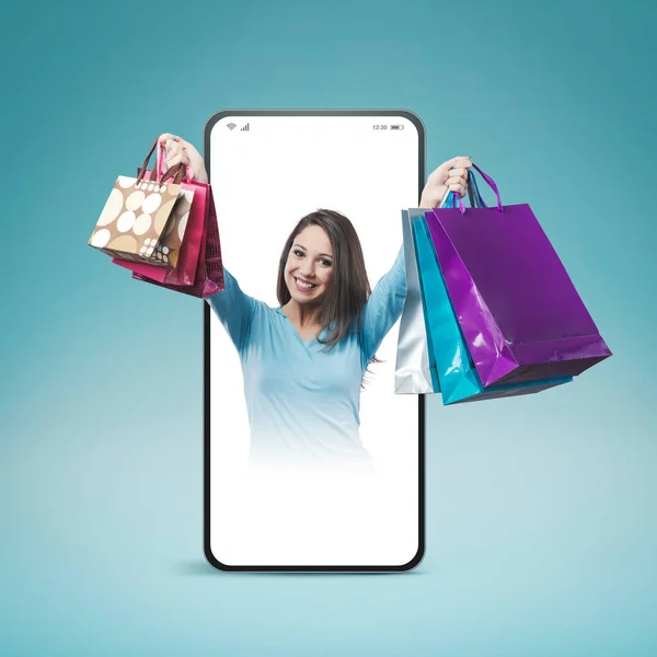 Cheerful Smiling Woman Shopping Lots Colorful Bags Smartphone Videocall Smiling — Stockfoto