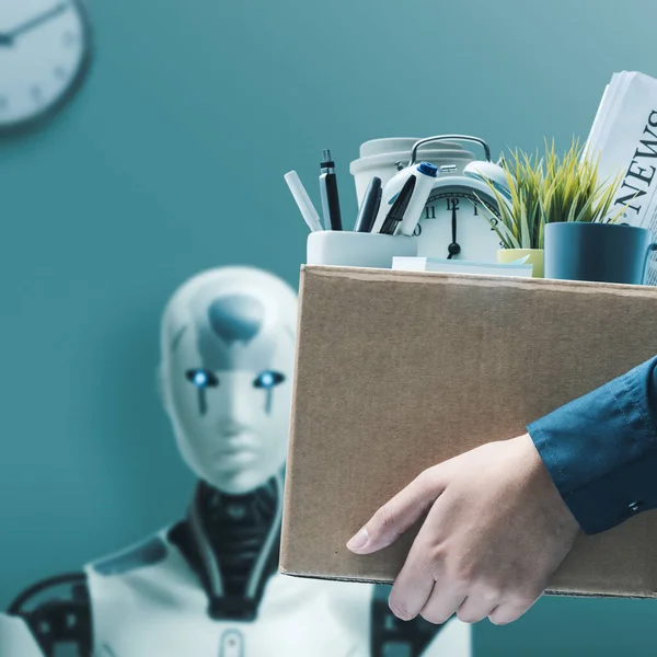 Dismissed Office Worker Holding Box Her Belongings Leaving Office Humanoid — Stock Photo, Image
