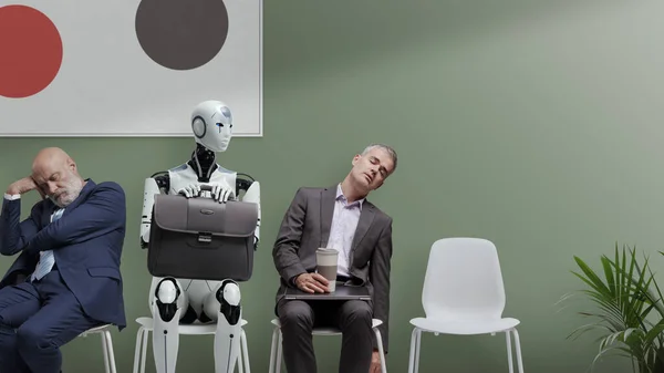 Candidatos Cansados Robô Android Esperando Entrevista Emprego — Fotografia de Stock
