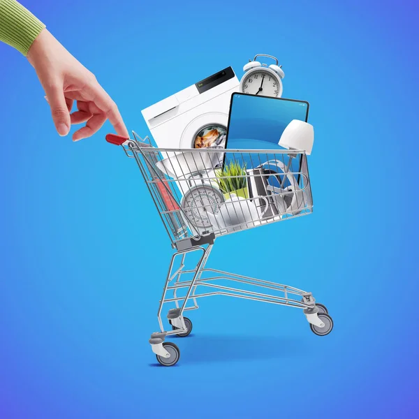 Woman Pushing Small Shopping Cart Full Household Goods Appliances Electronics — Stockfoto