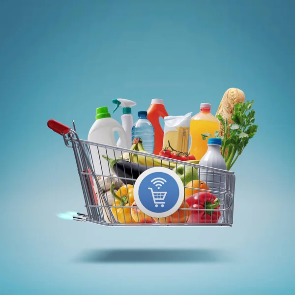 Fast Rocket Propelled Shopping Cart Delivering Fresh Groceries Online Grocery —  Fotos de Stock