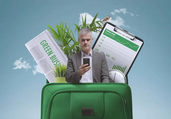 Corporate Businessman Financial Chart Plants Newspaper Briefcase Green Business Sustainability — Fotografia de Stock