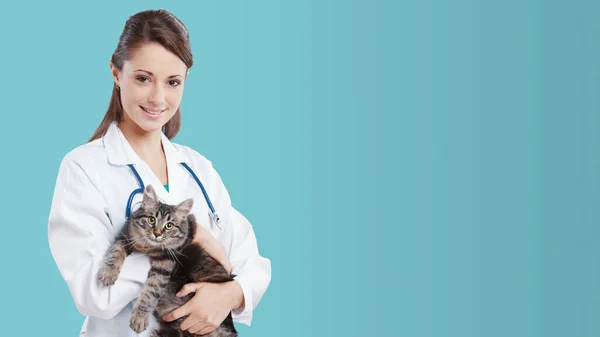 Κτηνίατρος Ιατρική Υπηρεσία Χαμογελαστή Γυναίκα Κτηνίατρος Κρατώντας Ένα Χαριτωμένο Γάτα — Φωτογραφία Αρχείου
