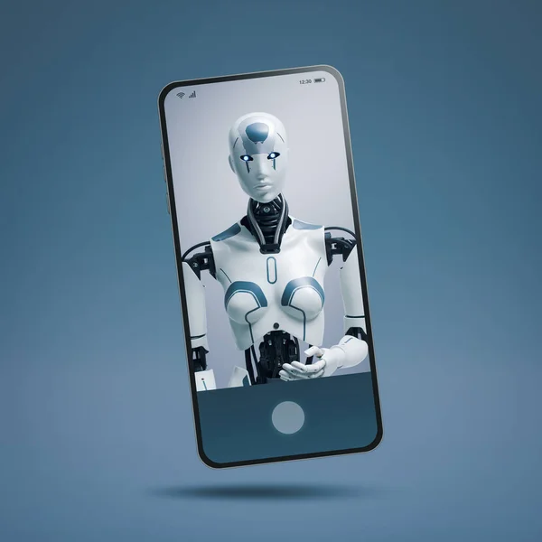 Εικονική Βοηθός Ανθρωποειδές Ρομπότ Στην Οθόνη Smartphone Μιλώντας Και Βοηθώντας — Φωτογραφία Αρχείου