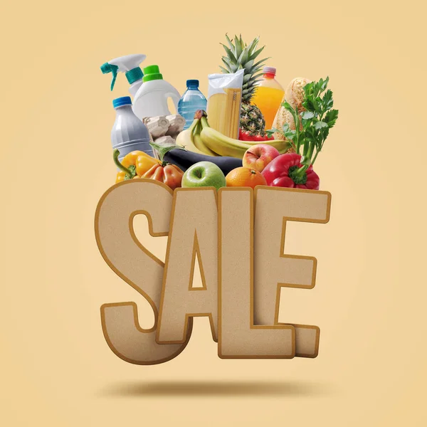 Artículos Comestibles Alimentos Detergentes Venta Signo Promocional Del Supermercado —  Fotos de Stock