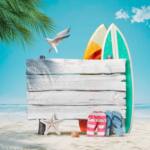 海滩上的旧木制标志 冲浪板和海滩配件 海滩概念的暑假 — 图库照片