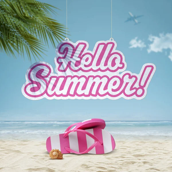Hallo Sommer Schild Hängen Und Tropischen Strand Und Flip Flops — Stockfoto