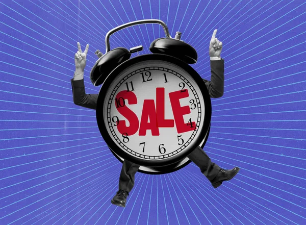 Sale Advertisement Funny Vintage Alarm Clock Character Doing Shopping — Stockfoto