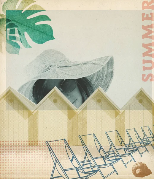 Sommarsemester Stranden Collage Vintage Affisch Med Vackra Unga Kvinna Porträtt — Stockfoto