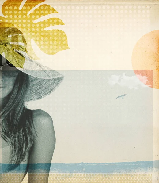Καλοκαιρινές Διακοπές Στην Παραλία Κολάζ Vintage Αφίσα Όμορφη Νεαρή Γυναίκα — Φωτογραφία Αρχείου