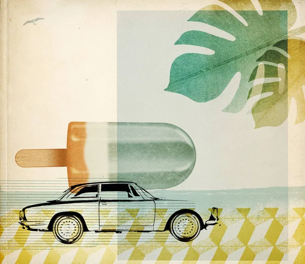 Летние Каникулы Стиле Ретро Коллаж Винтажным Автомобилем Пляжем Мороженым — стоковое фото