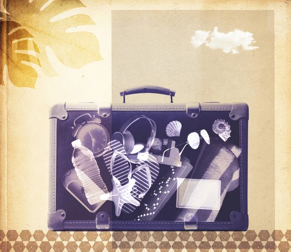ビーチアクセサリーのフルヴィンテージスーツケースX線イメージ 夏休みのコンセプト — ストック写真
